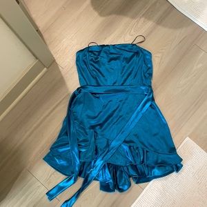 Blue strapless satin dress